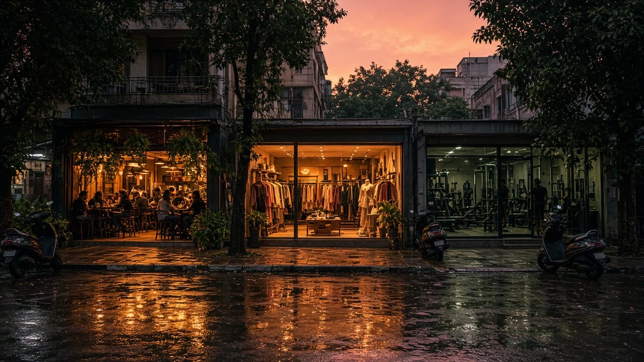 A cafe, a shop, and a gym on a wet street at dusk